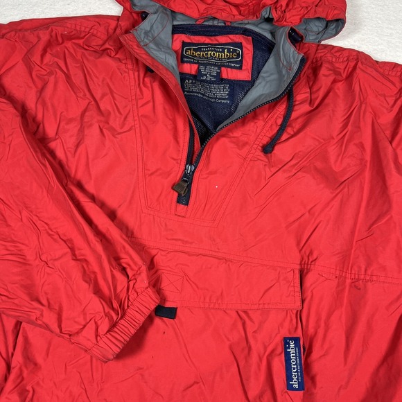 Vintage Abercrombie Jacket Men XL Red Hooded Pullover Anorak Windbreaker 90s Y2K